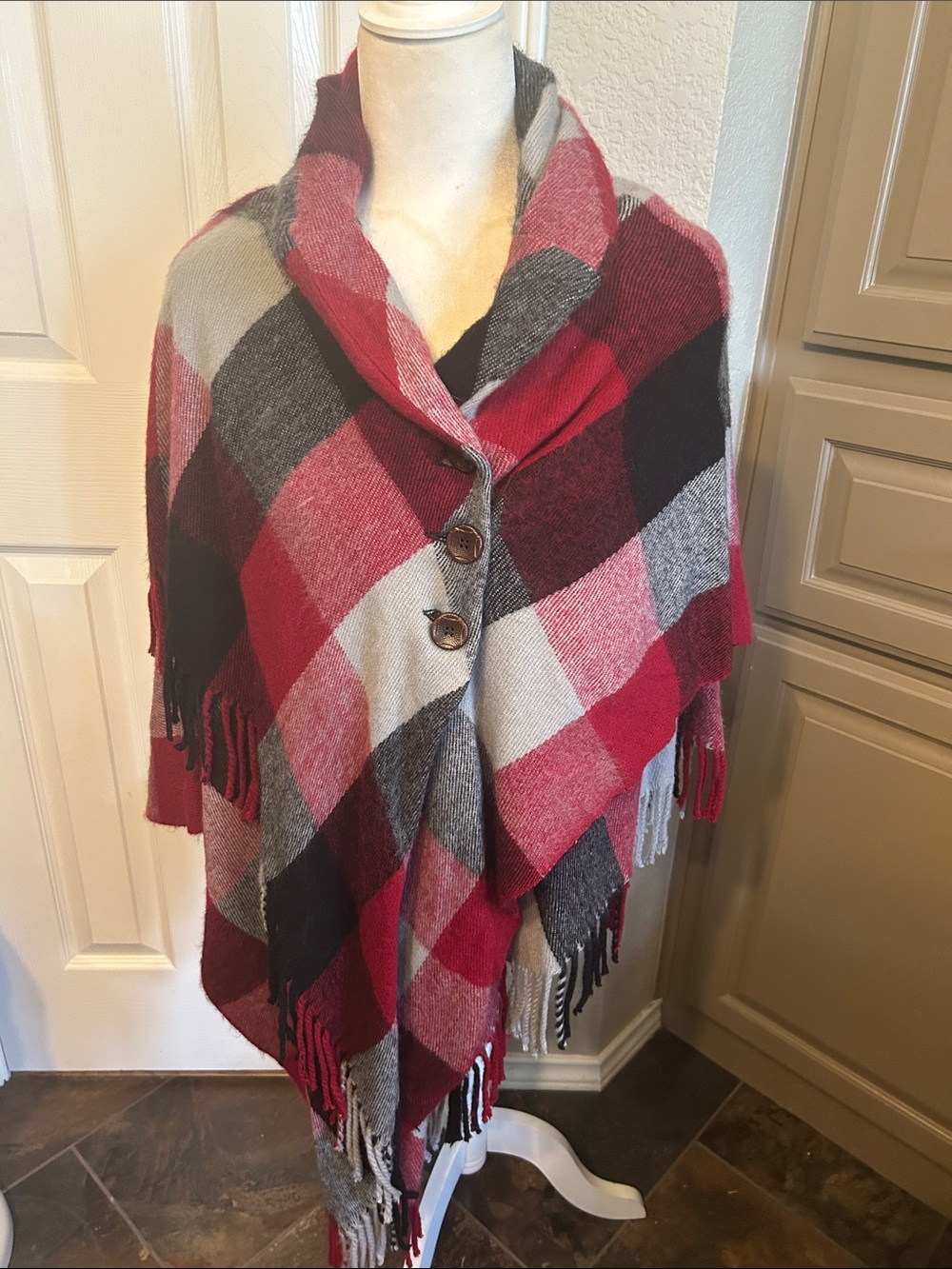 Steve Madden Red, Black & Gray Plaid Fringe Poncho